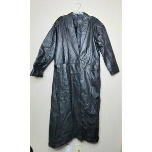 Vintage COMINT Long Black Leather Double Breast Trench Coat Sz‎ S